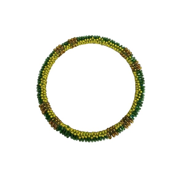 Beaded Green Gold Bangle Bracelet Vintage - Picture 2 of 5